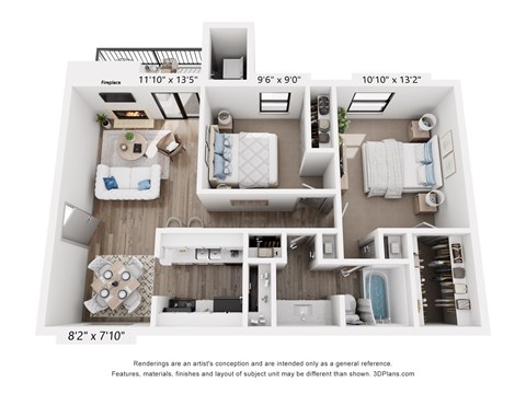 A 3D floor plan of a small apartment with a living room, kitchen, and two bedrooms.